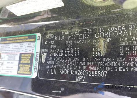 2012 Kia Sportage Lx from USA, damaged, VIN KNDPB3A26C7288807
